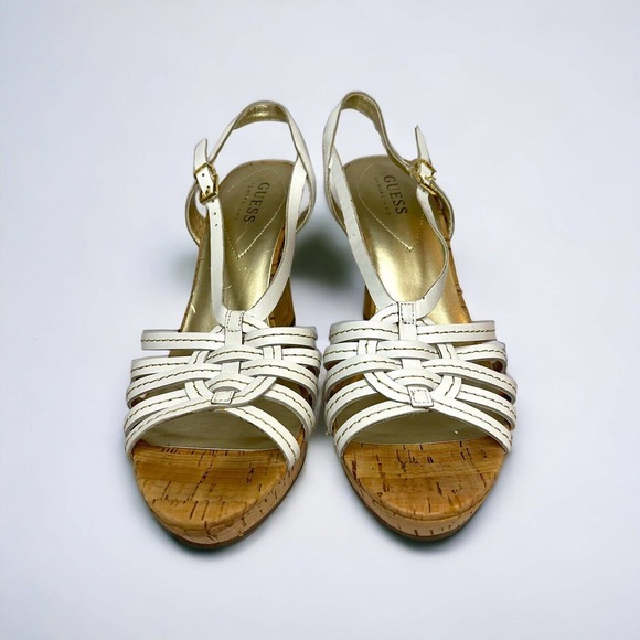 Womens Guess White Platform Sandal 8 Cork Leather 4 Inch Summer Straps Wedge - Picture 2 of 10